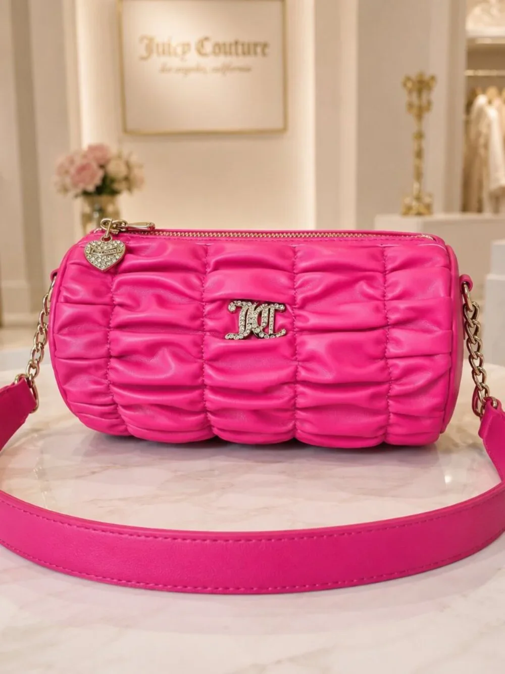 Juicy Couture Run the World Pink Flash Ruched Barrel Shoulder Bag NWT